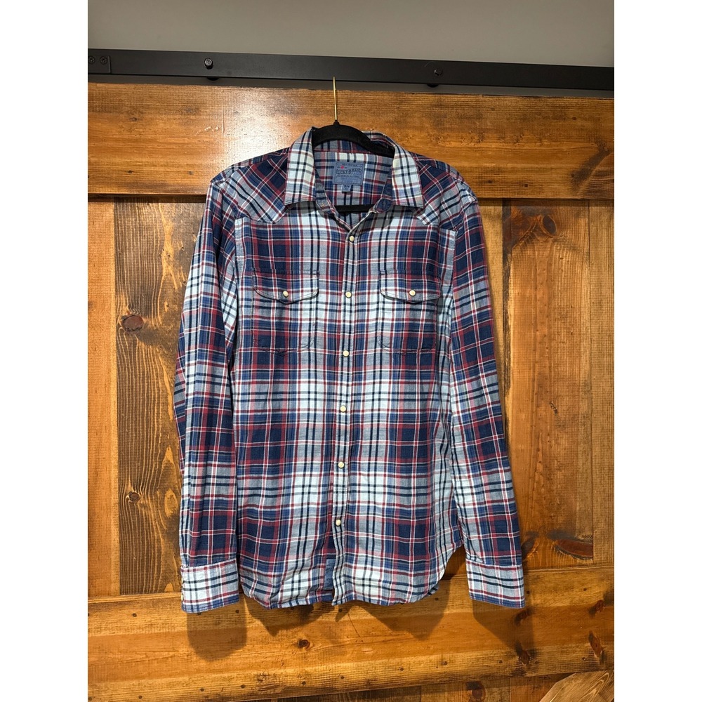 Lucky Brand Mens True Indigo Plaid Western Snap Shirt Red White Blue Medium